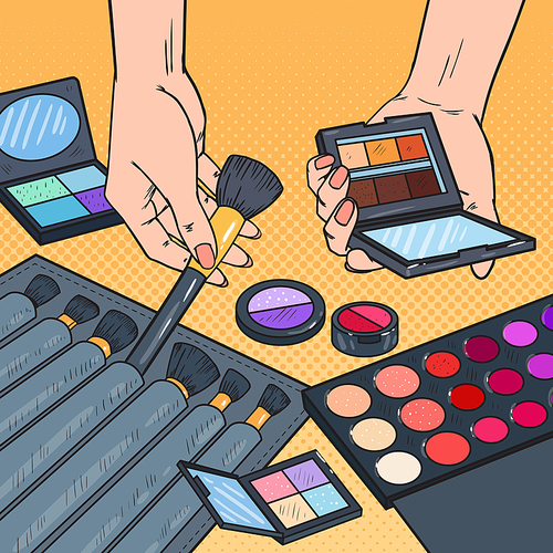 Pop Art Female Hands with Cosmetics. Professional Make-up Beauty Products Concept. Visage Artist. Vector illustration