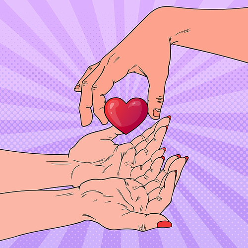 Pop Art Charity Organ Donation Concept. Hand Giving Heart. Health Care, Medicine. Vector illustration