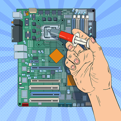 Pop Art Male Hand of Computer Engineer Repairing CPU on Motherboard. Maintenance PC Hardware Upgrade. Vector illustration