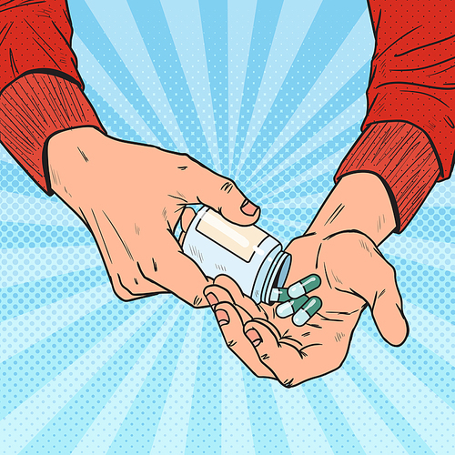 Pop Art Man Holding Bottle with Medical Drugs. Male Hands with Pills. Pharmaceutical Supplement. Vector illustration