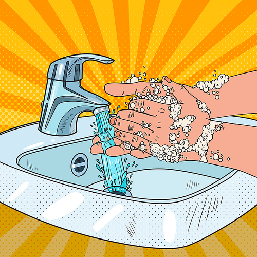 Pop Art Man Washing Hands. Hygiene Skincare Health Care Concept. Male Hands Cleaning with Foam of Soap. Vector illustration