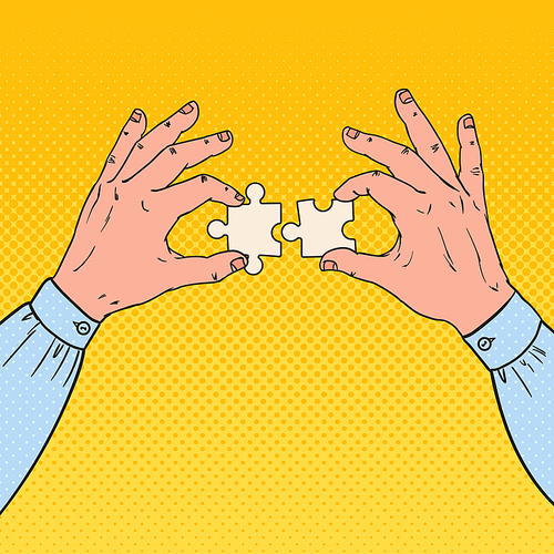Pop Art Male Hands Holding Two Puzzle Pieces. Business Solution Concept. Vector illustration