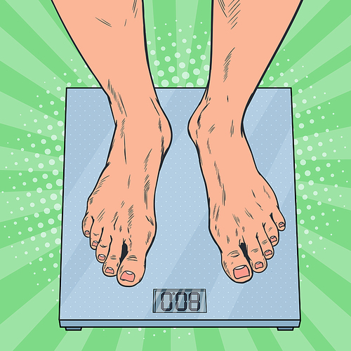 Pop Art Male Feet on Weighing Scales. Man Measuring Body Weight. Vector illustration