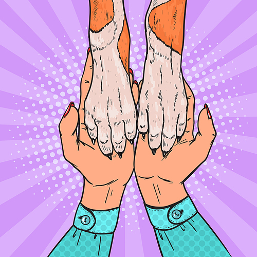 Pop Art Dog Paws and Female Hands. Friendship Between Human and Pet. Vector illustration