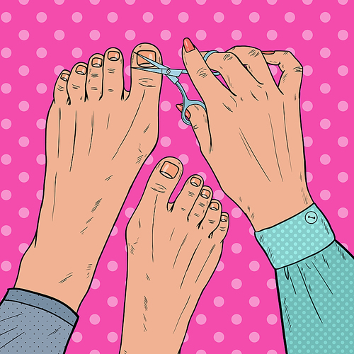 Pedicure Beauty Salon. Pop Art Female Hands Cares about Foot Nails. Fingernails Cutting with Scissors. Vector illustration