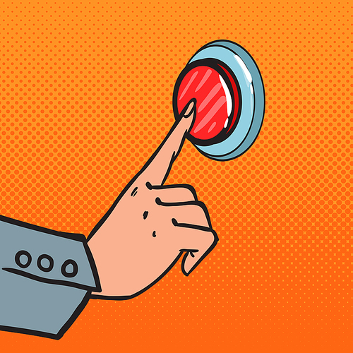 Pop Art Female Hand Pushing a Red Button. Call for Help. Vector illustration