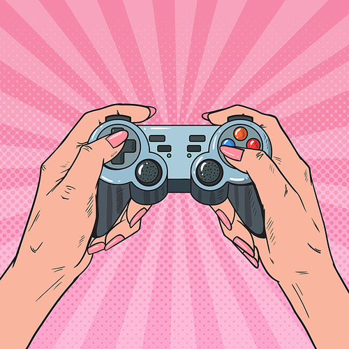 Pop Art Woman Holding Gamepad. Female Hands with Joystick Console. Video Game. Vector illustration