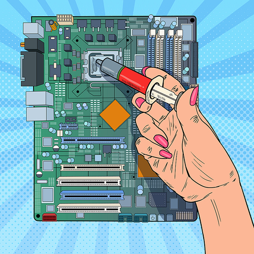 Pop Art Female Hand of Computer Engineer Repairing CPU on Motherboard. Maintenance PC Hardware Upgrade. Vector illustration