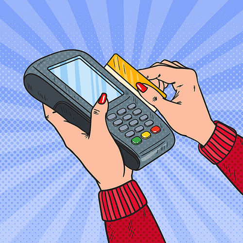 Pop Art Female Hands Swiping Credit Card with Bank Terminal. Payment with POS in Store. Vector illustration