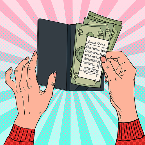 Pop Art Woman Paying the Bill at the Restaurant. Female Hands Holding Guest Check with Cash. Vector illustration