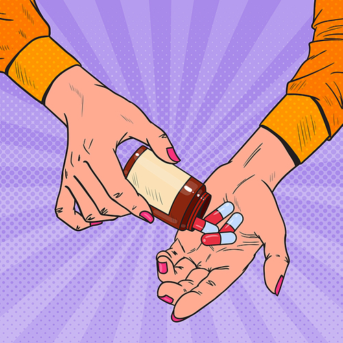 Pop Art Woman Holding Bottle with Medical Drugs. Female Hands with Pills. Pharmaceutical Supplement. Vector illustration