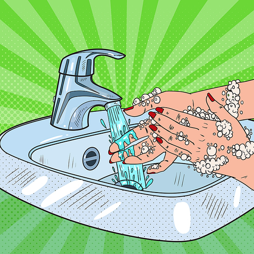 Pop Art Woman Washing Hands. Hygiene Skincare Health Care Concept. Female Hands Cleaning with Foam of Soap. Vector illustration
