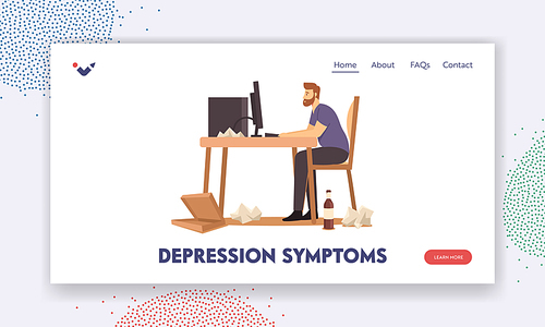 Depression Symtoms Landing Page Template. Overweight Male Character Sitting at Desk Working on Computer with Package, Bottles and Paper Rubbish around. Sedentary Lifestyle. Cartoon Vector Illustration