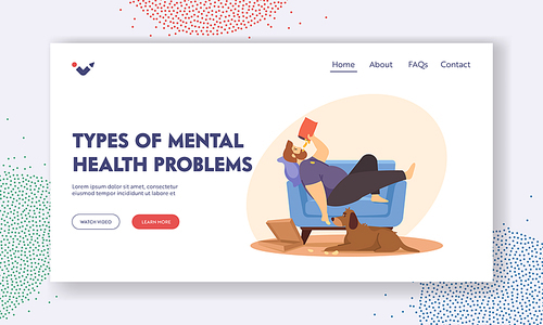 Types of Mental Health Problems Landing Page Template. Physical Inactivity, Passive Lifestyle, Bad Habit. Sedentary Life. Overweight Male Character Lying on Sofa Eat Chips. Cartoon Vector Illustration