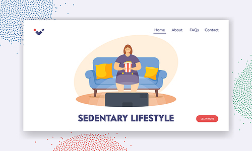 Sedentary Lifestyle Landing Page Template. Unhealthy Eating, Bad Habit Concept. Fat  Woman Sit on Couch at Home with Fast Food Watching Tv. Female Character Obesity. Cartoon Vector Illustration
