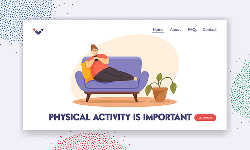 Sedentary Lifestyle, Gadget Addiction, Obesity Landing Page Template. Overweight Female Character Lying on Sofa with Smartphone Chatting in Social Media Network. Cartoon People Vector Illustration