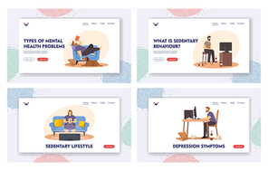 Sedentary Lifestyle Landing Page Template Set. Lazy People Sitting on Sofa Eating Fast Food, Watch Tv. Fat Characters Spend Time at Home, Bad Habits, Inactive Life. Cartoon Vector Illustration