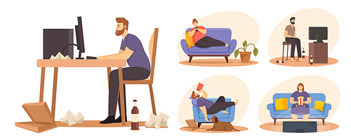 Set Sedentary Lifestyle Concept.  People Sitting on Sofa Eating Fast Food, Watch Tv. Fat Male and Female Characters Spend Time at Home, Bad Habits, Inactive Life. Cartoon Vector Illustration