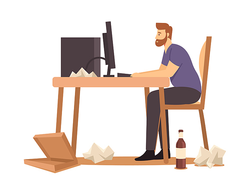 Overweight Male Character Sitting at Desk Working on Computer with Fast Food Package, Bottles and Paper Rubbish around. Sedentary Lifestyle, Bad Habits Concept. Cartoon People Vector Illustration