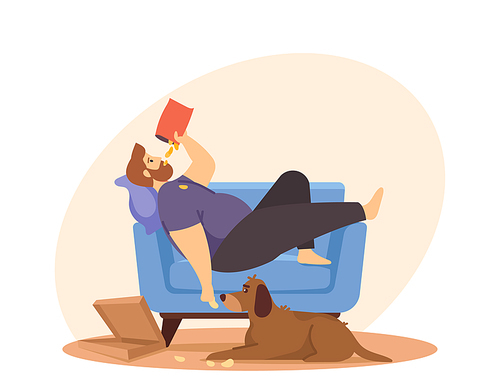 Physical Inactivity, Passive Lifestyle, Bad Habit. Sedentary Life Concept. Overweight Male Character Lying on Sofa Eating Chips. Lazy Fat Man Relax at Home Alone. Cartoon People Vector Illustration
