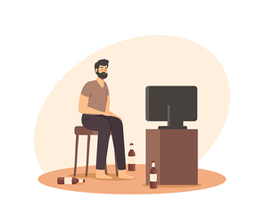 , Degradation, Unhealthy Lifestyle, Bad Habit Concept.  Man Sit on Chair at Home with Empty Beer Bottles around Watching Tv. Male Character Addiction. Cartoon People Vector Illustration