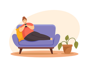 Overweight Female Character Lying on Sofa with Smartphone Chatting in Social Media Network or Playing Games. Sedentary Lifestyle, Gadget Addiction, Obesity Concept. Cartoon People Vector Illustration