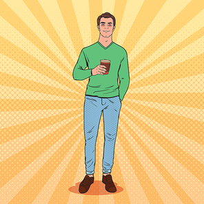 Pop Art Awaked Tired Man with Morning Coffee. Asleep Guy. Vector illustration