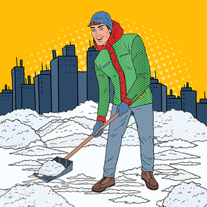 Pop Art Man Clearing Snow with Shovel. Winter Snowfall in the City. Vector illustration