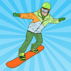 Pop Art Man in Sportswear with Snowboard. Snowboarder Doing Trick. Vector illustration