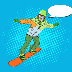 Pop Art Man in Sportswear with Snowboard. Snowboarder Doing Trick. Vector illustration