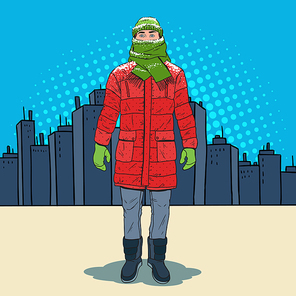 Pop Art Frozen Man in Warm Winter Clothes in the City. Cold Weather. Vector illustration