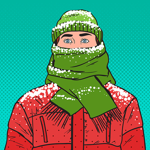 Pop Art Portrait of Frozen Man in Warm Winter Clothes. Cold Weather. Vector illustration