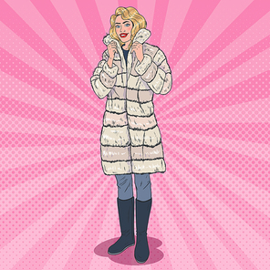 Pop Art Beautiful Woman Posing in Warm Fur Coat. Girl in Winter Clothes. Vector illustration