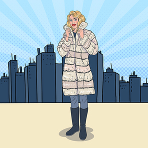 Pop Art Beautiful Woman Posing in Warm Fur Coat in the City. Girl in Winter Clothes. Vector illustration