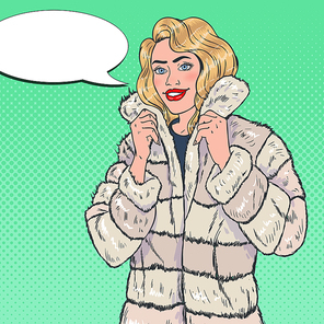 Pop Art Pretty Woman Posing in Warm Fur Coat. Girl in Winter Clothes. Vector illustration