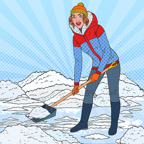 Pop Art Pretty Woman Clearing Snow with Shovel. Winter Snowfall. Vector illustration