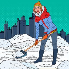 Pop Art Pretty Woman Clearing Snow with Shovel. Winter Snowfall in the City. Vector illustration