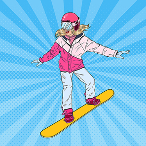 Pop Art Woman Snowboarder on the Slopes. Pretty Girl in Bright Sportswear with Snowboard. Vector illustration