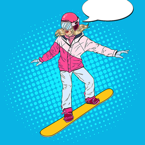 Pop Art Woman Snowboarder on the Slopes. Pretty Girl in Bright Sportswear with Snowboard. Vector illustration