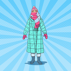 Pop Art Beautiful Woman in Warm Winter Clothes Outdoor. Cold Weather. Vector illustration