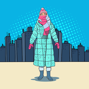 Pop Art Beautiful Woman in Warm Winter Clothes in the City. Cold Weather. Vector illustration