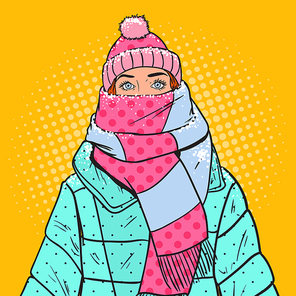 Pop Art Portrait of Beautiful Woman in Warm Winter Clothes. Cold Weather. Vector illustration