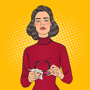 Pop Art Beautiful Woman Wiping his Eyeglasses with Rag. Vector illustration