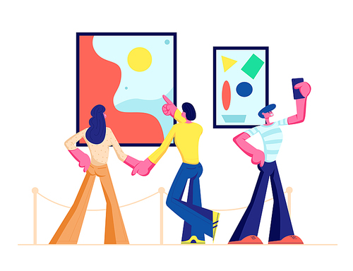Exhibition Visitors Viewing Modern Abstract Paintings Hanging on Walls at Contemporary Art Gallery. People Enjoying Watching Creative Artworks or Exhibits in Museum. Cartoon Flat Vector Illustration