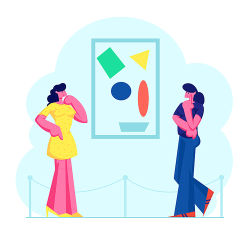 Exhibition Visitors Viewing Modern Abstract Paintings Hanging on Wall at Contemporary Art Gallery. Women Enjoying Watching Creative Artworks or Exhibits in Museum. Cartoon Flat Vector Illustration