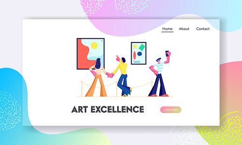 Exhibition Visitors View Modern Abstract Paintings at Contemporary Art Gallery. People Watching Artworks or Exhibits in Museum. Website Landing Page, Web Page. Cartoon Flat Vector Illustration, Banner
