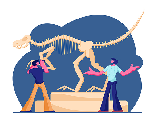 Couple of Men Visiting Paleontology Museum, Making Photo of Huge Tyrannosaur Rex Bones Upright Skeleton in Museum Exhibition. Dinosaurs Archaeological Exhibition. Cartoon Flat Vector Illustration
