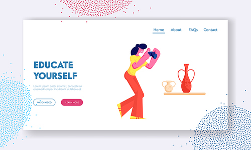 Hobby, Activity Website Landing Page, Tourist Girl Visiting Museum of Ancient History, Watching and Photographing Old Vase, Education, Tourism, Web Page. Cartoon Flat Vector Illustration, Banner