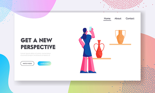 Prehistory Exhibition Website Landing Page, Tourist Woman Visiting Ancient History Museum, Watching and Shooting on Smartphone Old Vases, Education, Web Page. Cartoon Flat Vector Illustration, Banner