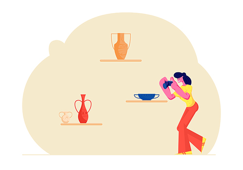 Tourist Girl Visiting Museum of Ancient History, Watching and Photographing Old Vases, on Photo Camera. Education, Tourism, Weekend Activity, Spare Time on Exhibition, Cartoon Flat Vector Illustration